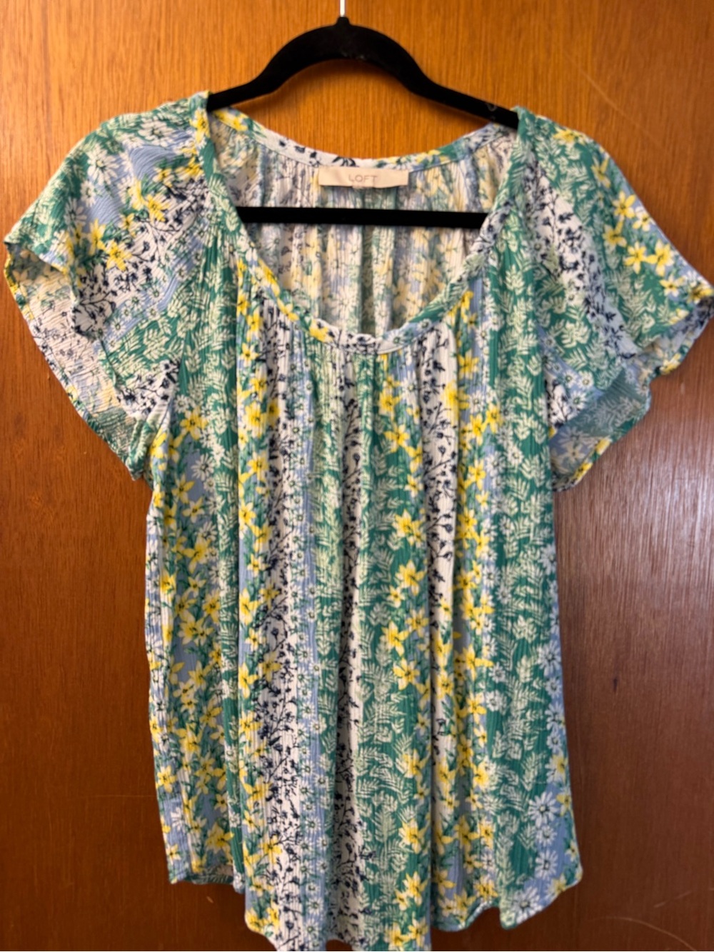 LOFT Teal and Yellow Floral Short Sleeve Blouse